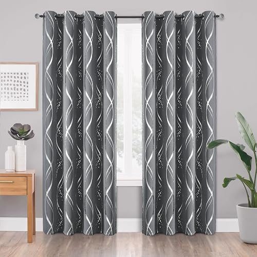 BUHUA Blackout Curtains 72 inch Length 2 Panels Set - Energy Efficient and Noise Reducing Curtains for Bedroom with Wave Striped Foil Print (52 x 72, Light Grey)
