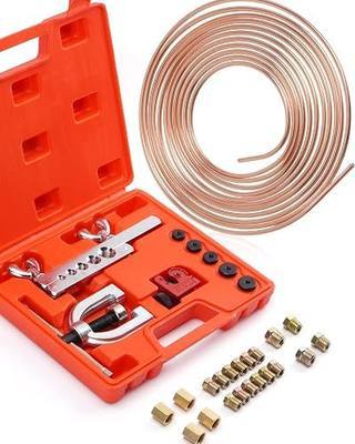 25 ft 1/4" Copper Coated Brake Line Kit (Includes 16 Fittings and 4 Unions Brake Line Fittings) + Brake Line Double & Single Flaring Tool Kit