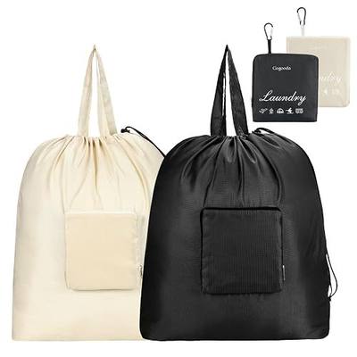 GOGOODA Travel Laundry Bags with Drawstring Closure XL Large with Handle | Foldable Dirty Clothes bags Heavy Duty and Washable for College Dorm Travelling Camping, 2 Pack, Black & Beige