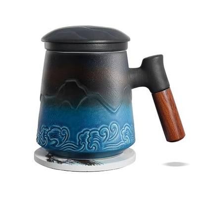 ZENS Tea Cup with Infuser and Lid for Loose Leaf Tea Steeper, 15.2 oz Ceramic Tea Mug with Fine Tea Strainers and Absorb Coaster, Wood Handle Large Diffusers Mugs Tea Lovers Gifts