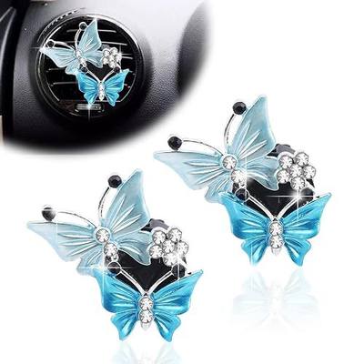 2Pcs Dual Butterfly Diamond Car Air Fresheners Vent Clips, Cute Dual Butterfly Air Vent Clips, Car Air Conditioning Outlet Clip Decorative Interior Accessories(Blue)