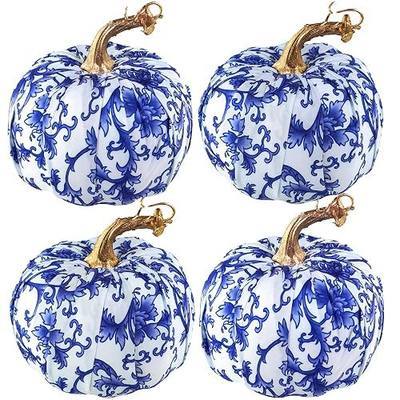 Winlyn 4 Pcs Faux Decorative Blue and White Fabric Pumpkins Chinoiserie Chic Pumpkins Foam Pumpkins for Gifts Farmhouse Thanksgiving Halloween Fall Wedding Table Centerpiece Mantel Bowl Decorations