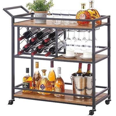 FATORRI Bar Cart for The Home, Rolling Wine Carts on Wheels with 3 Tier Wood Shelves, Liquor Beverage Cart with Wine Rack and Glass Holder (Rustic Oak)