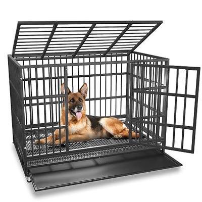 BOLDBONE 48 inch Heavy Duty Indestructible and Escape-Proof Dog Crate Cage Kennel for Large Dogs, High Anxiety Dog Crate with Removable Wire Trays and Wheels, Extra Large XL XXL, Black