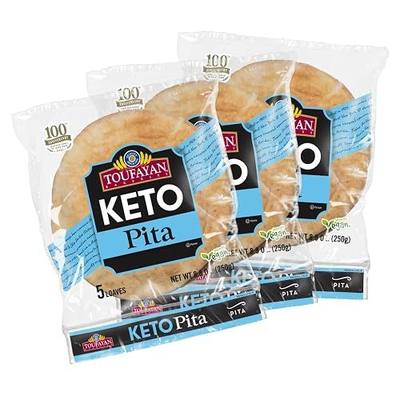 Toufayan KETO Pita Bread – Keto-Friendly Low Carb Pita Pockets, 5 Net Carbs, No Sugar | Hearth-Baked Soft Keto Bread for Sandwiches, Wraps & Pizza | Vegan, 3 Pack (15 Pita Total)