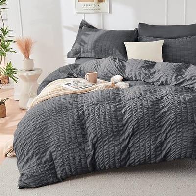 HYMOKEGE Dark Grey Duvet Cover Queen Size, Ultra Soft 3-Piece Seersucker Duvet Cover Set with Zipper Closure, Soft Brushed Microfiber Bedding Set with 8 Corner Ties (90"x90", 2 Pillowshams)