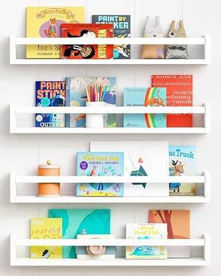 Forbena 24 Inch Wall Bookshelf for Kids Bedroom Set of 4, White Floating Nursery Book Shelves for Baby Toddler Children Girls Boys Room Decor, Large Wood Wall Mount Bookshelves and Toy Storage