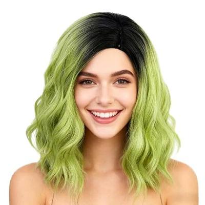 Dark Root Ombre Green St Patrick's Day Short Joker Curly Wavy Wig with Cap Cosplay Halloween Party High Temperature Resistant Synthetic Fiber