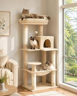 MUTTROS Cat Tree for Large Cats Adult with Metal Plush Big Hammock, 56.3" Cat Tower with 2 Door Condo House, 6-Tier Cat Shelves with Scratching Posts and Large Top Perch, Beige | 6-tier shelves, Metal plush hammock, 2-door condo house, Sisal posts, Large top perch, For adult cats