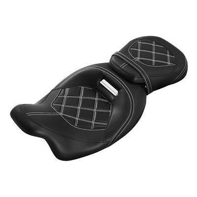 Motorcycle Low Profile Two-Piece 2-Up Driver Passenger Seat For Harley Touring Road King Street Glide Road Glide Electra Glide CVO 2009-2023, White Stitching