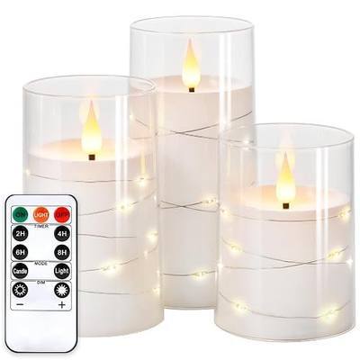 NURADA Flickering Flameless Candles: Built-in Star String Lights Acrylic 3D Wick Battery Operated LED Pillar Candles with Remote and Timer for Romantic Mood Home Decoration - 3 Pack Pure White