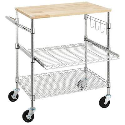 Finnhomy 3-Tier Rolling Kitchen Cart With 18" D x 30" W Oak Wood Tabletop, Kitchen Island With 4" Wheels and Slider Shelf, Microwave & Coffee Cart With Hooks for Dining Room, Chrome