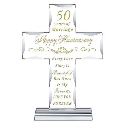 JVON 50 Years 50th Wedding Anniversary Cross Gifts for Her Him, Laser Engraved Glass Standing Cross Marriage Keepsake for Couple Friends Women Man Mom Dad Parents Husband Wife