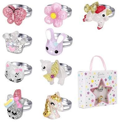 BGSHEMNI Little Girl Jewel Rings in Box, Adjustable Rings for 3-10 Year Old Girl Birthday Gifts, Play Jewelry for Little Girls, Unicorn Butterfly Jewelry Set