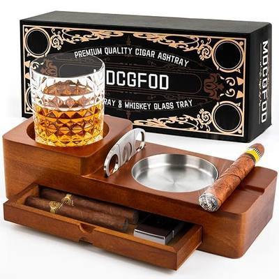 Father Day Gifts Cigar Ashtray Coaster Whiskey Glass Tray and Cigar Holder, Wooden Ash Tray, Slot to Hold Cigar, Cigar Rest Cigar Accessory Set Gift for Men Dad, Great Decor for Home(Large drawer)