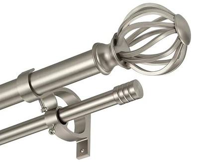 Double Curtain Rods for Window 36-72", Brushed Nickel Double Curtain Rods with Round Cage & Barrel Finials, Adjustable Double Rod Curtain Rod, 1-Inch Front and 5/8 Inch Back Double Drapery Rod