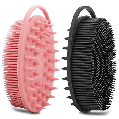 2 Pack Silicone Body Scrubber, Loofah Double-Sided Body Brush,Shower Scrubber and Scalp Massager Shampoo Brush for Sensitive Kids Women Men All Kinds of Skin (Black & Pink)