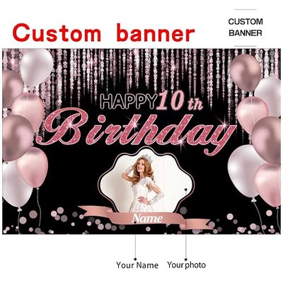 Custom Rose Gold Happy 10th Birthday Decoration Banner - Large Sizes-Personalization with Name and Photo Supported