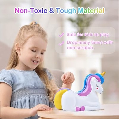 PJDRLLC Piggy Bank Girls: Unicorn Piggy Banks - Unbreakable Plastic Coin Money Bank with Alphabet Stickers - Rainbow