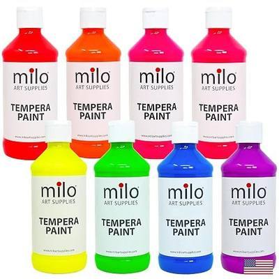 milo Fluorescent Washable Tempera Paint Set, 8 Neon UV Colors, 8 oz Bottles | Glows UV in Black Light, Made in USA, Safe & Non-Toxic Paint for Arts & Crafts, Poster, Window, Classroom, School, Project