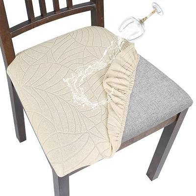 SearchI Waterproof Seat Covers for Dining Room Chairs Stretch Jacquard Chair Seat Covers Set of 6, Removable Washable Kitchen Chair Seat Protector Cushion Slipcovers for Office (Beige Leaf)