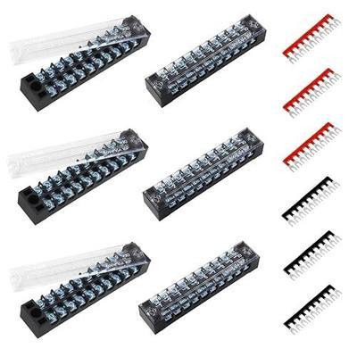 BokWin 6 Sets Screw Terminal Strip 10 Position Double Row | 600V 15A, Waterproof Terminal Block, Pre-Insulated Terminals, Barrier Strip, Black & Red