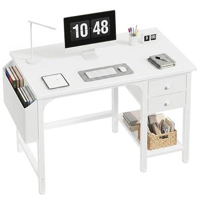Lufeiya White Small Desk with Drawers - 40 Inch Computer Desk for Small Space Home Office, Modern Simple Study Writing Table PC Desks