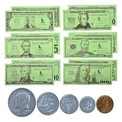 LEARNING ADVANTAGE Play Money Set, 100 Bills and 94 Coins | Pretend Money Designed Like Real Currency, Count Change With Toy Money