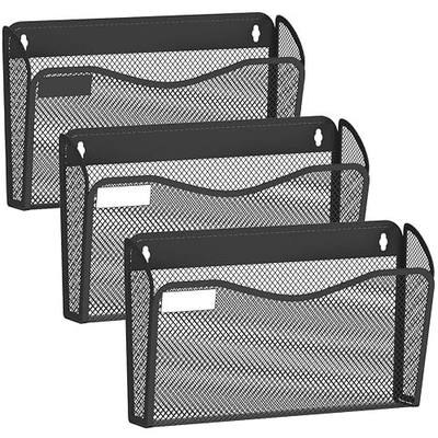 BOHDK Wall File Organizer, 3 Single Pockets Mesh Hanging File Organizer, Mount Document Magazine Rack with Labels, Hanging File Folders for Office, Home and School, Black