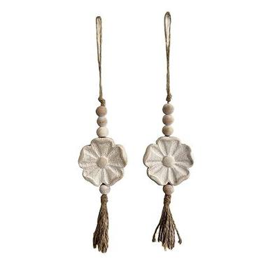 2pcs Carved Floral Tassels with Farmhouse Wood Beads - Multi-Functional Wall Decor Tray Home Decoration (Natural)