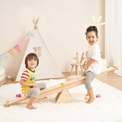 2 in 1 Teeter Totter Seesaw & Balance Beam, Stepping Stones for kids, Rocking & Coordination Fun for 2 Toddlers or Kids, Montessori Toy Wooden Gym Equipment for Indoor Outdoor Use, Gift for Kids