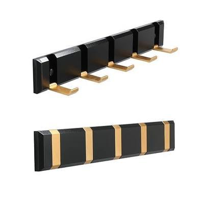 Beelee Coat Rack Wall Mount Folding - Space-Saving Towel Hanger Black and Gold Folding Coat Hook Shelf with Retractable Hook - for Coats, Scarves, Hat and More