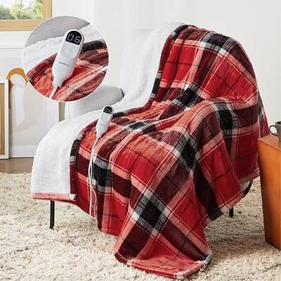 Bedsure Plaid Heated Throw Blanket - Safe Electric Flannel Blanket with Red Plaid Pattern, Heated Blanket with 6 Heating Levels, 4 Time Settings, and 3 Hours Auto-Off (50x60 inches), BS-100T