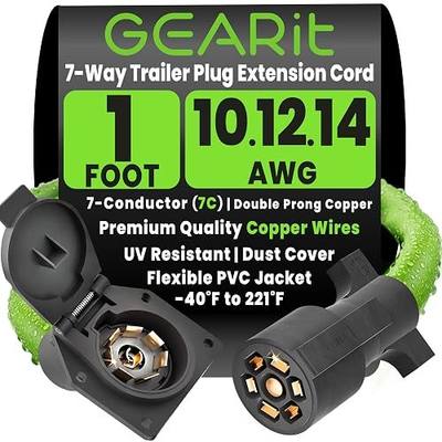 GEARit 7-Way Trailer Plug Extension Cord 1 Ft, 7-Pin Trailer Wiring Harness, Heavy-Duty Inline 7 Pin Trailer Extension Cable with Double Prong Round Connector for RV Camper Truck Gooseneck