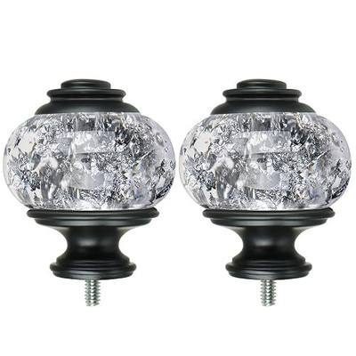 Replacement Finials for Curtain Rods (1 or 7/8 Inch), Black | Set of 2, Window Treatment Finials with M6 Screws(1/4 in), Decorative Translucent Silver Foil Design