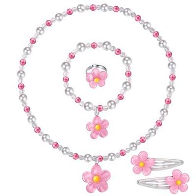 BGSHEMNI Girls Flower Jewelry Set - Toddler Dress up 5 Piece Pretend Plasy Toy Jewelry Box Set with Bead Necklace, Bracelet Ring and Hair Clips - Play Accessories - Ages 3+ Girl Birthday Gifts
