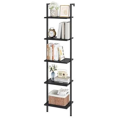 ELYKEN Ladder Shelf, 5-Tier Wood Wall Mounted Bookshelf with Metal Frame, Vintage Open Display Organizer Rack, Leaning Storage Shelves for Living Room, Bedroom, Home Office, Black