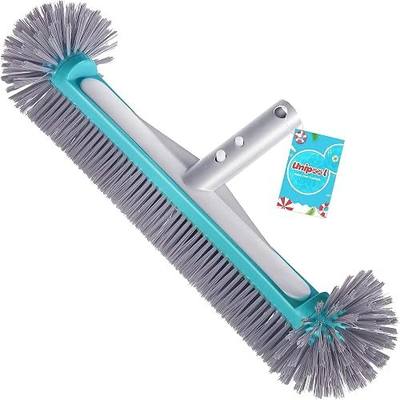 Swimming Pool Brush Head with Round Ends,17.5" Heavy Duty Aluminum Back Head for Cleans Walls, Tiles & Floors, 7 Rows Premium Nylon Bristles with EZ Clips (Blue Grey)
