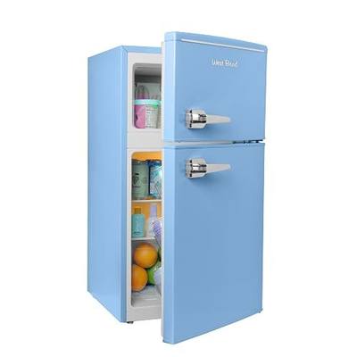 West Bend Mini Fridge with Freezer for Bedroom, Office, Bar or Dorm Room, Retro Compact Refrigerator features Glass Shelves, Manual Defrost and Adjustable Temperature Control, 3.1-Cu.Ft., Blue