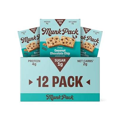 Munk Pack Coconut Chocolate Chip Chewy Granola Bars | 5g Protein, 1g Sugar with Allulose, 2g Net Carbs, Low Sugar, Gluten Free, Low Glycemic Snacks | 12 Count