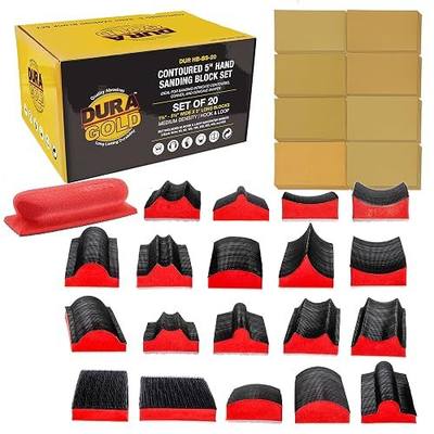 Dura-Gold 20-Piece Contoured Profile 5" Hand Sanding Block Set with 40 Sheet Hook & Loop Sandpaper Kit - Interchangeable Assorted Convex & Concave Shapes - Sand Wood Woodworking Furniture, Auto Paint