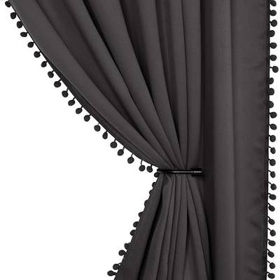 LORDTEX Pom Pom Blackout Curtains for Bedroom, 42 x 63 inch, Dark Grey, Set of 2 Panels - Thermal Insulated Curtains, Sun Light Blocking Rod/Pole Pocket Window Drapes for Living Room