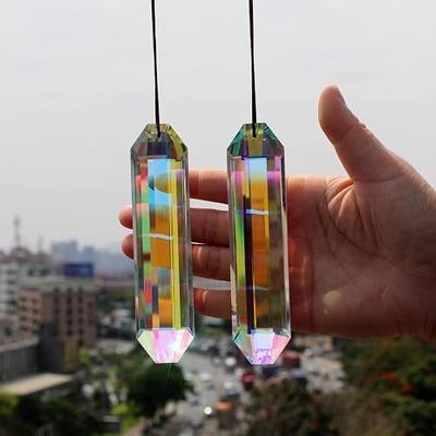 2PCS Long Crystal Suncatcher Prisms for Windows (Rect ABColor) | AB Color, Transparent, K9 Glass, Rainbow Maker, with Hooks & Cord