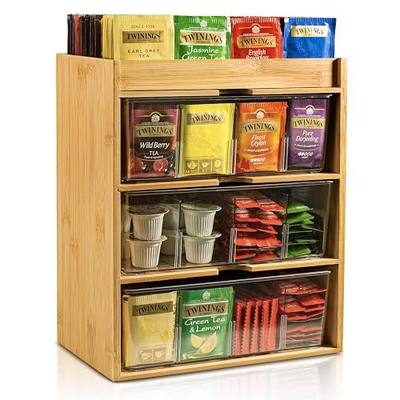 TIMIEEYA Tea Bag Organizer - Bamboo Tea Storage With Drawer 3 Layer, Organizer for Tea Bags Natural Wood & Acrylic for Countertop Office Kitchen Cabinet Pantry