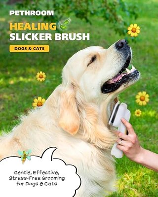 PETHROOM Self-Cleaning Slicker Brush for Dogs & Cats – Gentle Grooming & Deshedding Tool, Removes Mats & Tangles, Skin-Friendly Coated Tips, One-Touch Hair Removal Button