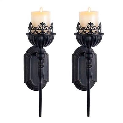Gothic Wall Sconce Candle Holder (Set of 2) Black Crown and Scepter Design Wall-Mount Metal Candle Holders Hanging Iron Wall Candle Sconce Holder for Living Room, Bathroom, Dining Room
