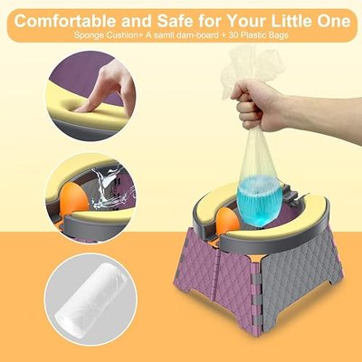 Portable Potty Training Seat for Toddler, Foldable Toilet with Replacement Bags for Car, Indoor/Outdoor Use, Camping, Travel, Skin-Friendly and Comfortable