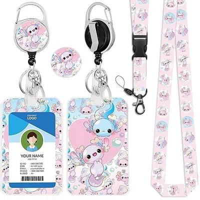 Axolotl ID Badge Holder with Lanyard, Cute Lanyards for Id Badges and Keys, Id Card Badge Case with Carabiner Clip Heavy Duty for Teacher Student Nurse, ID Card Holder Name Badge Holder