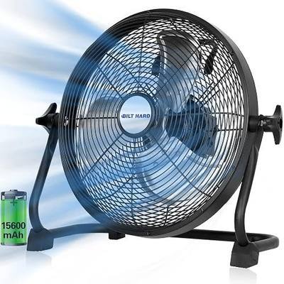 BILT HARD 12" Rechargeable Battery Operated Outdoor Floor Fan, 15600mAh Battery Powered High Velocity Portable Fan with Metal Blade, USB Output for Camping, Travel, Backyard, Run All Day