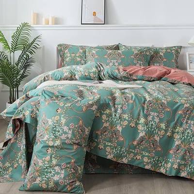 FADFAY Floral Duvet Cover Queen Button Closure 100% Cotton 600 TC Teal Turquoise Blue Luxury Boho Bedding Chic Reversible Orange Comforter Cover Super Soft Shabby Vintage Flower Print 3 Pcs